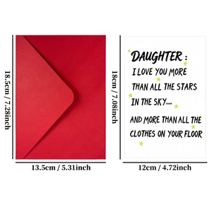 Detailed view of large humor greeting card set with red envelope for daughters