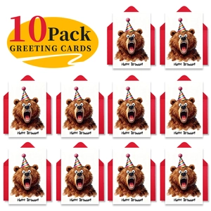 Set van 10 cartoon beer verjaardagskaarten met rode enveloppen in matrixindeling