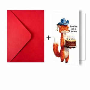 Detail showing cartoon fox watercolor birthday card with red envelope and dimensions