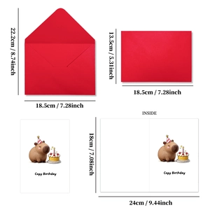 Capybara Cartoon Geburtstagskarten Set mit rotem Umschlag und detaillierten Größenangaben