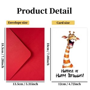 Funny giraffe birthday card set with red envelope and detailed size specifications