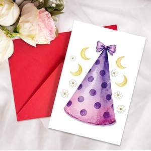 Detailed view of a watercolor party hat greeting card with red envelope and roses