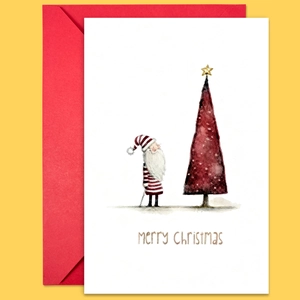 Large vintage Christmas card set with Santa illustration and red envelope on yellow background