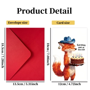 Cartoon birthday card with a fox illustration and a red envelope set, 18x12cm size
