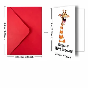 Detail view of giraffe birthday card and red envelope showing dimensions 18x12cm