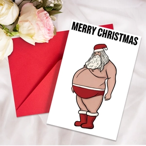 Funny Santa Christmas card with bright red envelope on white silk background with roses
