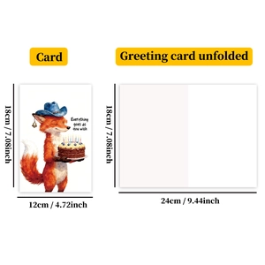 Cartoon fox birthday card set with dimensions showing folded and unfolded measurements