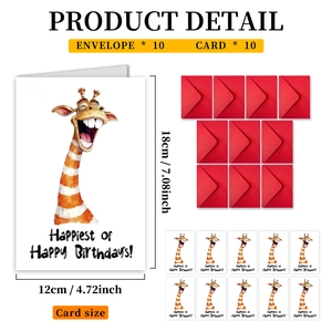 Detail showing set of 10 giraffe birthday cards with red envelopes and 18x12cm dimensions