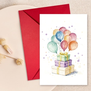 Watercolor Birthday Greeting Card Set With Red Envelopes Balloons Gift Box Illustration For Party Invitation Thank You Notes