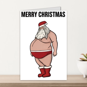 Funny Christmas card with shirtless Santa Claus and Merry Christmas text on wood table