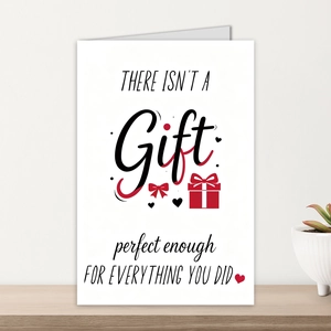 Vertical shot of a white foldover greeting card with text and gift box illustration