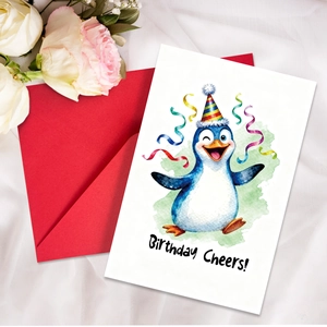 Detail of penguin birthday card with Birthday Cheers text and vibrant red envelope