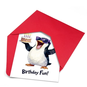 Birthday card set with watercolor penguin illustration and a vibrant red envelope