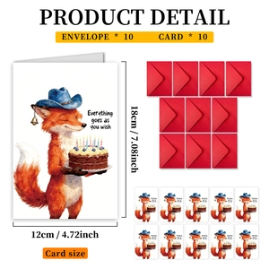 Detail view of large fox birthday cards set with 10 envelopes and exact dimensions