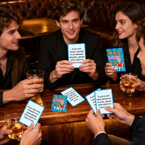 Close-up of friends playing 'WHO DARES TO TRY!' party card game at a bar counter