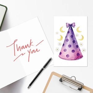Detail of watercolor birthday card with purple party hat and Thank You handwriting