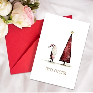 Retro Watercolor Santa Claus And Christmas Tree Greeting Card Set With Red Envelope Folding Paper Holiday Gift Card