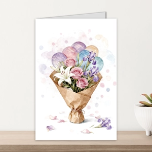 Detail of artistic floral greeting card featuring watercolor bouquet and colorful balloons