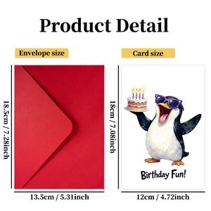 Watercolor penguin birthday card set with a red envelope and a fun illustration