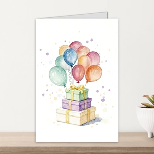 Macro shot of a watercolor birthday card featuring gift boxes and balloons on a wooden stand