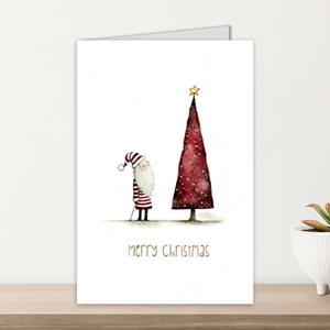 Vintage watercolor Christmas card set with Santa Claus and red tree on wood shelf