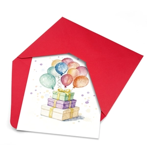 Watercolor birthday card with gift boxes and balloons set against a red envelope