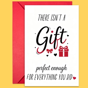 Detail of white greeting card with artistic text and red envelope set on yellow back
