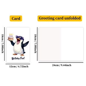 Detail showing folded and open dimensions of the watercolor penguin birthday card