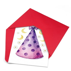 Cartoon birthday card with purple polka dot party hat illustration and red envelope