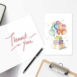 Detail of watercolor birthday card set with handwritten Thank You script and balloon art