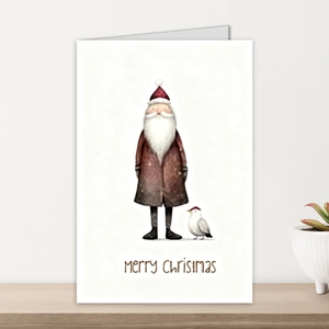 Carte de vœux de Noël vintage avec illustration du Père Noël et d'un oiseau rouge