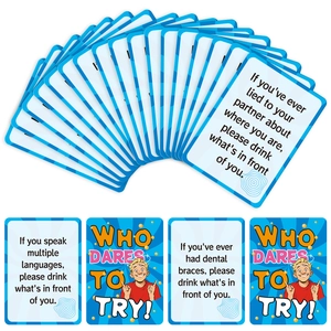 Detail view of Who Dares To Try party game cards with blue frames and drinking prompts