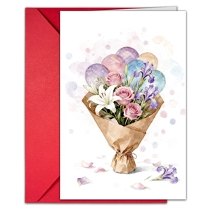 Floral watercolor greeting card set with a red envelope featuring roses and lilies