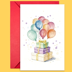 Detailed top view of watercolor greeting card with gift boxes and red envelope