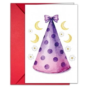 Birthday card set with party hat illustration and a vibrant red envelope