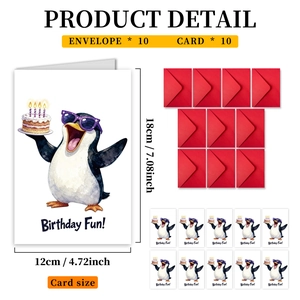 Set of 10 birthday cards with cute penguins holding cakes and red envelopes 12x18cm