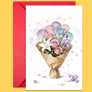 Detailed close-up of greeting card with watercolor floral bouquet and red envelope set