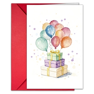 Watercolor balloons and gift boxes birthday card with a vibrant red envelope set