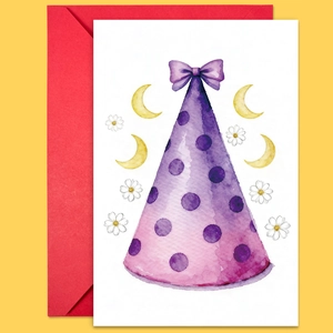 Detail of a birthday card with a purple polka dot party hat and a vibrant red envelope