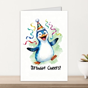 Detail of creative birthday card with watercolor penguin design and Birthday Cheers text