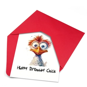 Carte d'anniversaire minimaliste avec oiseau aquarelle et enveloppe rouge incluse