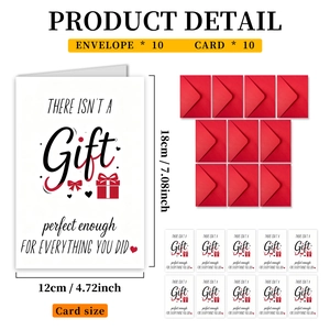 Detailed view of 10-piece minimalist greeting card set with red envelopes and measurements