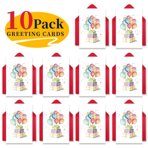 Close-up of 10 pack watercolor birthday cards with red envelopes and balloon illustration