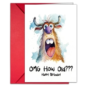 Carte d'anniversaire animaux avec enveloppe rouge et texte humoristique OMG How Old