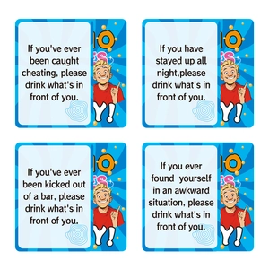 50-card set of party drinking game cards with vibrant blue gradients and social interaction prompts