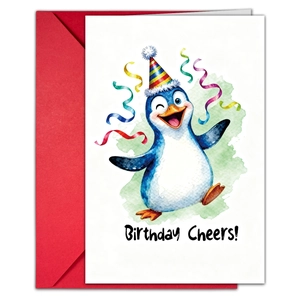 Cartoon penguin birthday card set with red envelope and Birthday Cheers text