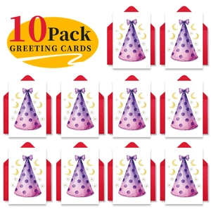 Detailed set of 10 watercolor birthday cards with party hat motifs and red envelopes