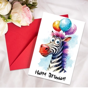 Cartoon zebra birthday card with balloons and red envelope on white silk background