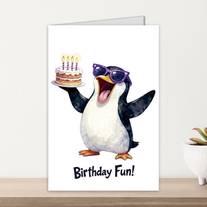 Macro shot of a watercolor penguin birthday card on a wooden stand with a green plant
