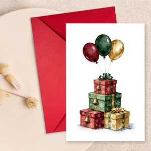 Watercolor Greeting Card Set With Red Envelope Balloon Gift Illustration Christmas Birthday Celebration Paper Cards